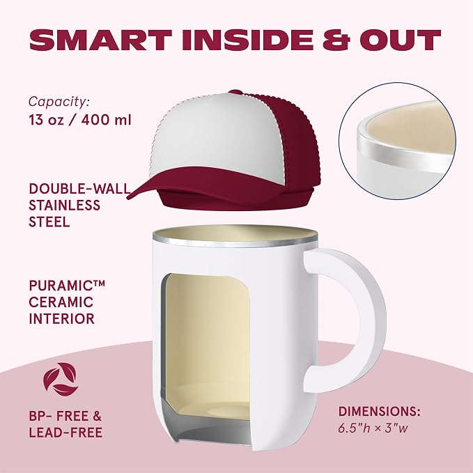 asobu Happy Hat Mug – 12 oz Double-Walled Stainless Steel Insulated Cup with Beanie-Shaped Lid – Ceramic Inner Coating – Spill-Proof and Ergonomic Design for Home and Travel (Red)