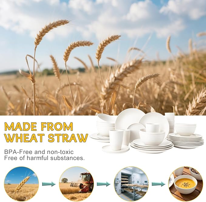 PYRMONT 40 PCS Wheat Straw Dinnerware Sets Unbreakable Dishes Set Service for 8 Dishwasher & Microwave Safe Plates and Bowls Sets for Kitchen,Camping,Picnic Non Toxic Dishes-White
