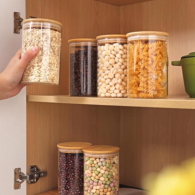 6pcs Glass Food Storage Containers with Bamboo Lids, 1qt Glass Jars | Airtight Pantry Storage Jars for Flour, Sugar, Dry Goods