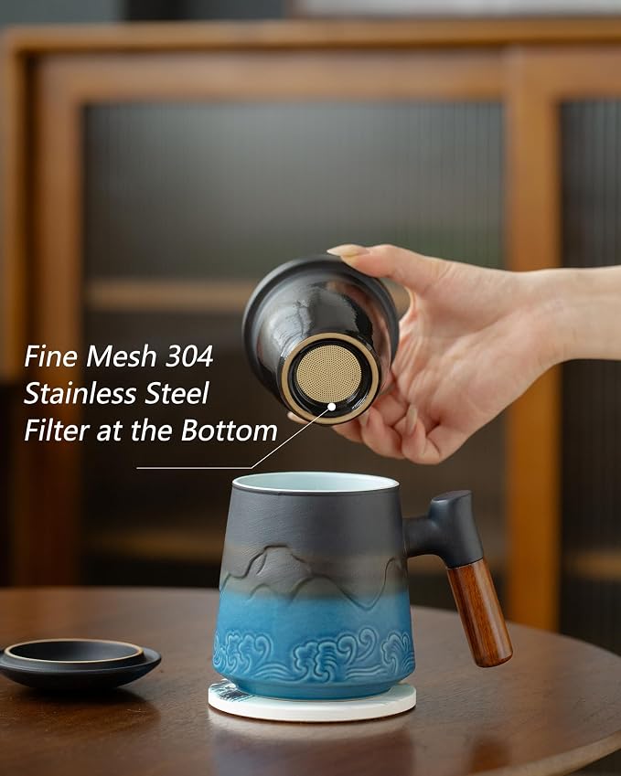 ZENS Tea Cup with Infuser and Lid & Coaster for Tea Steeper, 15oz Blue | Embossed Ceramic Tea Infuser Mug for Loose Leaf Tea Difussers, Tea Lovers Gifts, Nature Wood Handle