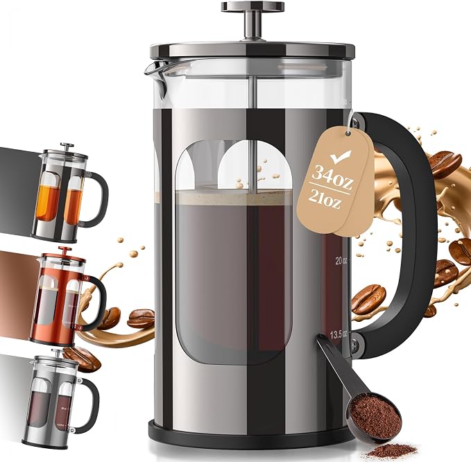 Veken French Press Coffee Maker, No Plastic Touching Cafe,34oz 1 L Cafetera | Thickened Glass Stainless Steel Cold Brew Pot for Kitchen,Travel,Camping,Tea, Gifts, Bar Accessories,Dark Pewter