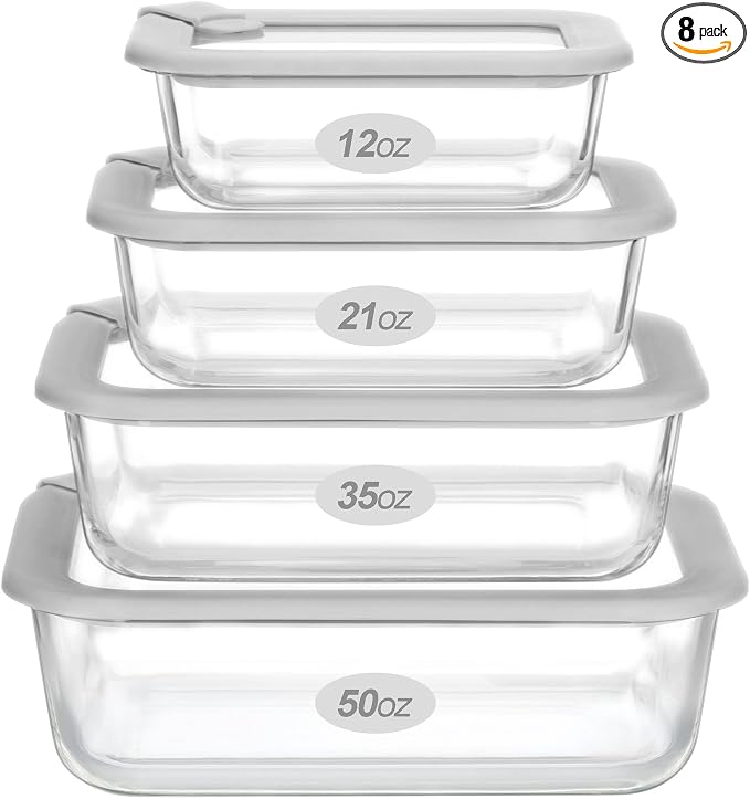 Glass Food Containers with Glass Lid, Microwave Safe Food Storage Container Set, 4 Pack, Airtight Storage Set with Leak Proof Lids, Meal Prep Containers