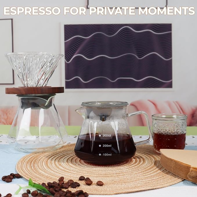 Pour Over Coffee Maker 400ml Borosilicate Glass Drip | Coffeemaker Server Set with 50pcs V60 Cone Paper Filters Walnut Collar Glass Lid Clear Hand Brew Dripper Carafe 13.5oz