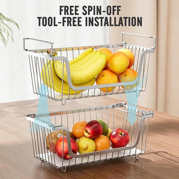 4 Pcs Stackable Wire Baskets for Pantry Organizers and Storage,silver | Vegetable Fruit Basket for Countertop,Kitchen Storage Metal Baskets,Produce Potato Onion Storage Bin,