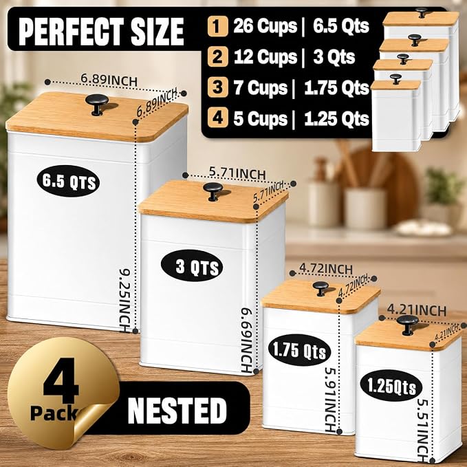 Kitchen Canister Set of 4, White Airtight Metal Flour Sugar Containers | Flat Bamboo Lids, Reusable Labels & Marker, Wide Openings, Coffee Tea Containers, Kitchen Countertop and Pantry Organized