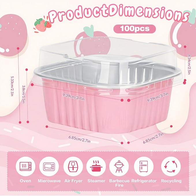 100Pack 5oz Pink Mini Cake Pans with Lids Baking Cups Aluminum Foil Pans Tins, Individual Dessert Cups Containers for Sales,Party,Picnics