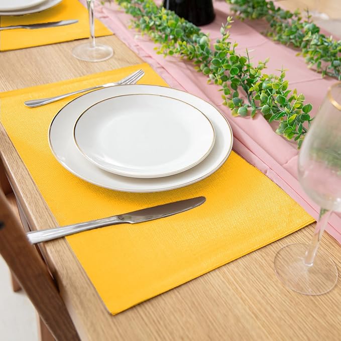 Cloth Yellow Placemats Set of 8, Linen Type Fabric Placemats Machine Washable Heat Resistant Placemats Polyester Place Mats for Halloween, Thanksgiving and Christmas Dining Table (Yellow)