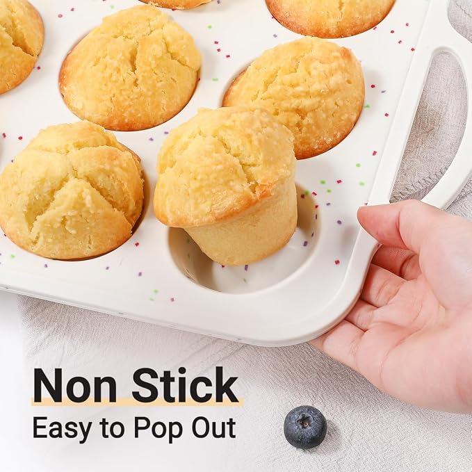 FUNBAKY Silicone Muffin Pan with Metal Frame, Nonstick 12 Cups Regular Size Silicone Muffin Tin for Oven Baking Easy to Move with Handle BPA Free