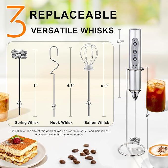 YUSWKO Handheld Milk Frother Wand for Coffee, Rechargeable Electric Whisk with 3 Heads 3 Speeds Drink Mixer Coffee Frother For Latte, Cappuccino, Hot Chocolate, Egg, Silver with Holder