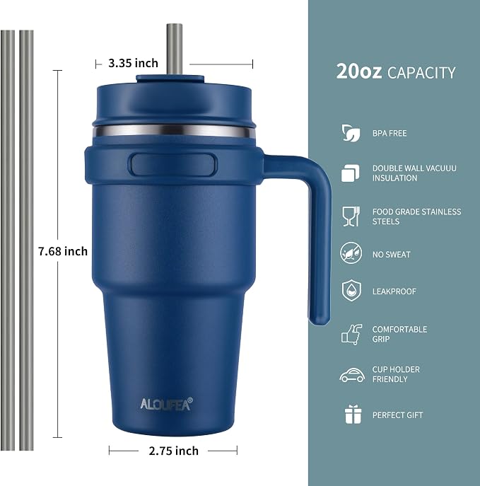 20 oz Insulated Travel Coffee Mug Tumbler with Handle and Straw | Leakproof Stainless Steel Coffee Cup with Lid, Double Wall Vacuum Ice Thermal Cup, Navy