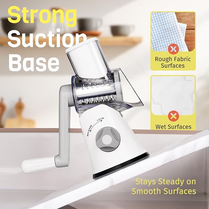 Rotary Cheese Grater Hand Crank, 3 Blades Slicer Shredder, Cheese Grater for Kitchen, Multi-Functional Kitchen Tool for Vegetables, Nuts, Chocolate, with Strong Suction Base, White