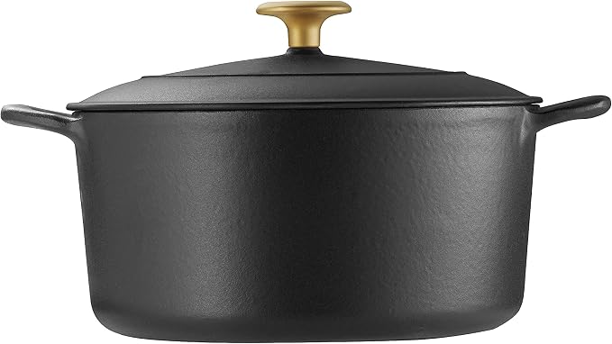 Tramontina Bestow Enameled Cast Iron 5.5-Qt Round Dutch Oven Pot with Lid | Great for Braising, Roasting and Bread Baking - Matte Black with Gold Knob