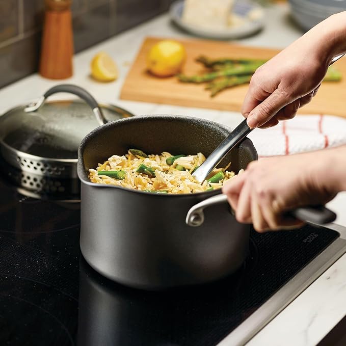 Circulon A1 Series w/ ScratchDefense Nonstick Induction Straining Sauce Pan with Lid, 3-Quart, Saucepan with Pour Spout, Graphite