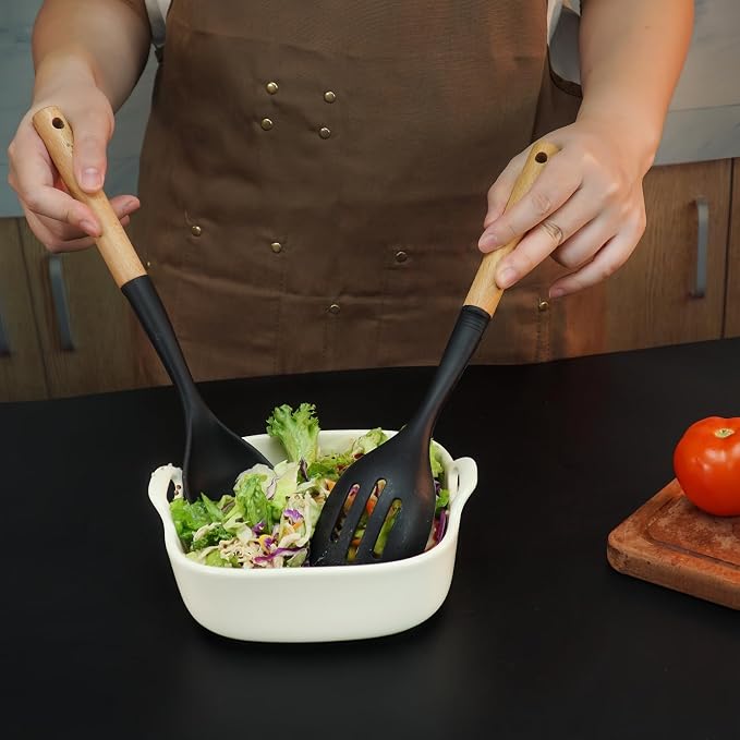 4PCS Silicone Cooking Utensils Set, Large Nonstick Spatula Spoons Set with Wooden Handle, Silicone Cooking Spatula Set, Heat Resistant Solid and Slotted Turners, Serving Spoon(Black)