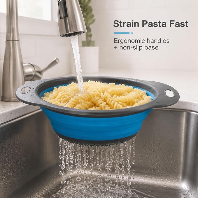 Collapsible Colander Set, 3 Pack Silicone Kitchen Strainer Set, Space Saving Design, Small Round Colander Baskets for Draining Pasta, Vegetable and fruit, (3Qt+4Qt+5Qt)