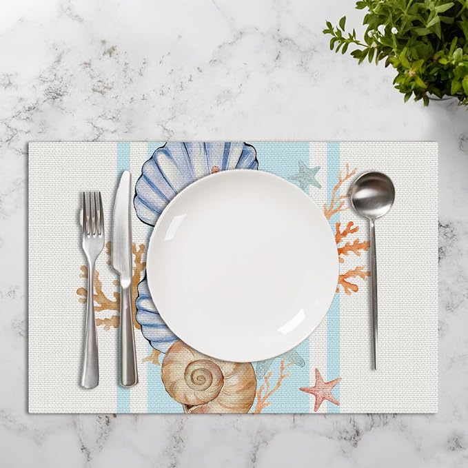 Sea Shell Starfish Beach Placemats Set of 4, Indoor Party Decoration | Seasonal Spring Summer Ocean Coastal Washable Linen Nautical Table Mats, Shell Place Mats Birthday Christmas Festivals
