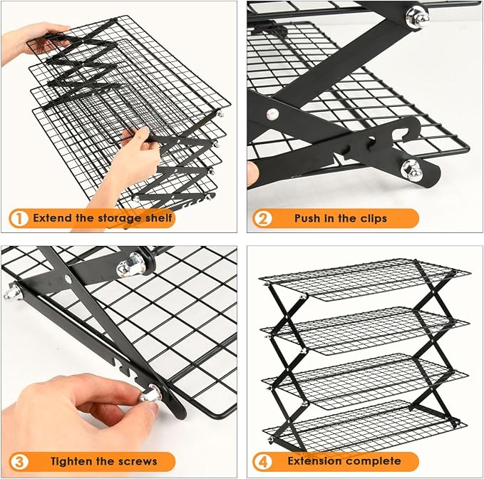 4 Tier Collapsible Cooling Rack with 3 Setting Design Adjustable ＆ Stackable Baking Rack, X-Shaped Structure Cooling Rack for Cooking and Baking, Cookies, Bread, Baking Must Haves