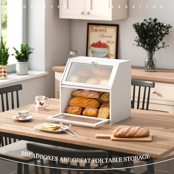 STDDRE Bread Box for Kitchen Countertop Bin Double Layer Bread Box Storage Container Extra Large Capacity with Diamond Pattern Windows (White, Extra Large)