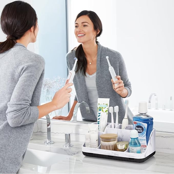GFWARE Marble Bathroom Countertop Organizer - Detachable 7 Slots Kids Electric Toothbrush and Toothpaste Holde Drainage for Bathroom Accessories Organization Counter Vanity Storage, Black | Detachable 7 Slots Kid Electric Toothbrush and Toothpaste Hold...