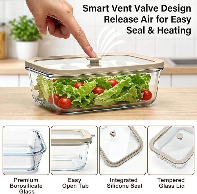 50 oz Glass Food Storage Containers with Glass Lids, 2 Pack | Non Toxic Meal Prep Containers, Airtight Glass Lunch Containers for Fruits, Vegetables, Microwave, Dishwasher