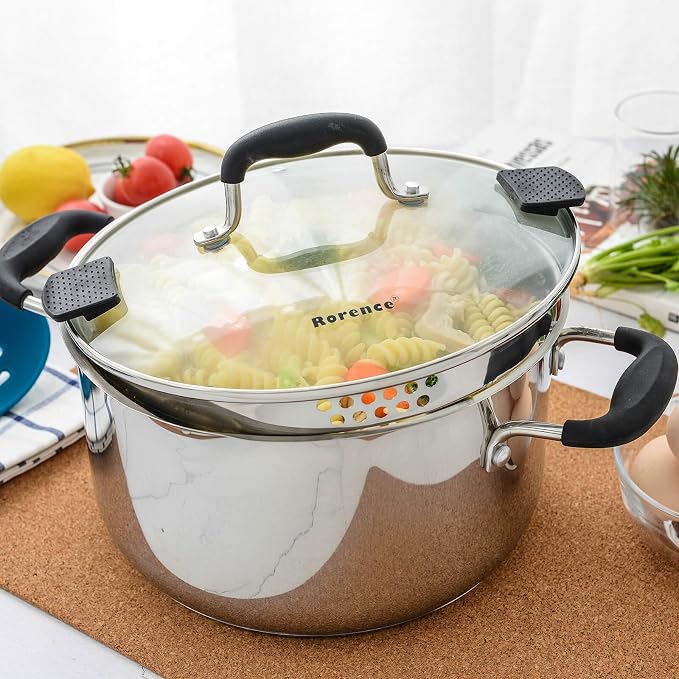 Rorence 6 Quart Stainless Steel Stock Pot, Induction Cooking Pot with Lid | Stockpot Pasta Pot with Two Side Spouts, capsule Bottom, Strainer Glass Lid