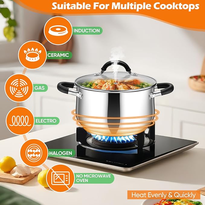 P&P CHEF 4 Quart Stainless Steel Stock Pot, Cooking Pot with Visible Lid | For Soup Pasta, Tri-Ply Bottom & Dual Heatproof Handles, For Induction Gas All Stoves, Non-Toxic & Dishwasher Safe