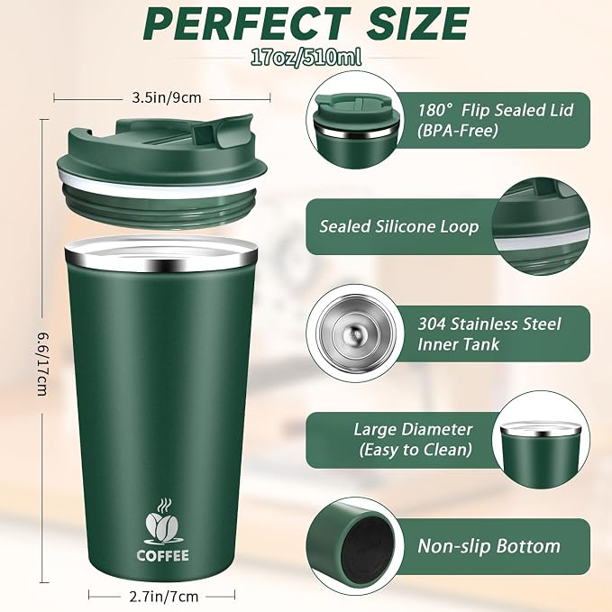 Insulated Travel Coffee Mug Reusable Coffee Tumbler Cup with Flip Lid Leak Proof Spill Proof for Office School Party Camping Hot and Cold Drink,Stainless Steel 17oz (Dark Green)