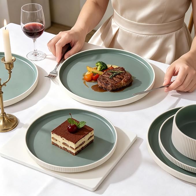 12PCS Ceramic Dinnerware Set for 4,Stoneware Plates and Bowls Sets | Reactive Glaze Dish Set,Scratch Resistant Tableware Set,Reactive Glaze,Microwave & Dishwasher Safe,White Cyan