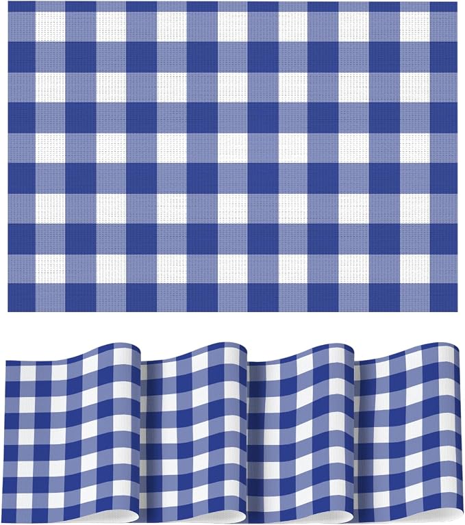 Artoid Mode Buffalo Plaid Vinyl Placemats Set of 4, 12x18 Inch Washable Non-Slip Heat Resistant Plastic Place Mats for Party Dining Table, Naxy Blue/White