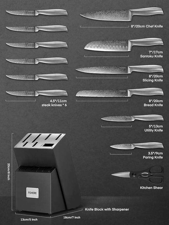 Knife Set, FOHERE 14 Pieces Kitchen Knife Set with Built-in 5 x Sharpeners, Waved Texture Knife Set with Block, Stainless Steel Knife Block Set, Sharp Knives Set with Ergonomic Handle