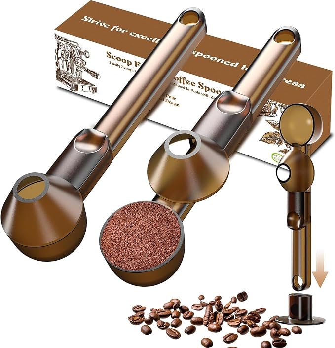 Coffee Scoop with Funnel for Ground Coffee, Protein Powder & Tea, 2 Tbsp | Mess-Free Scoop Funnel for Reusable K-Cup, Countertop Design for Home & Office, Handy Long Handle, Easy to Clean, 2-Pack