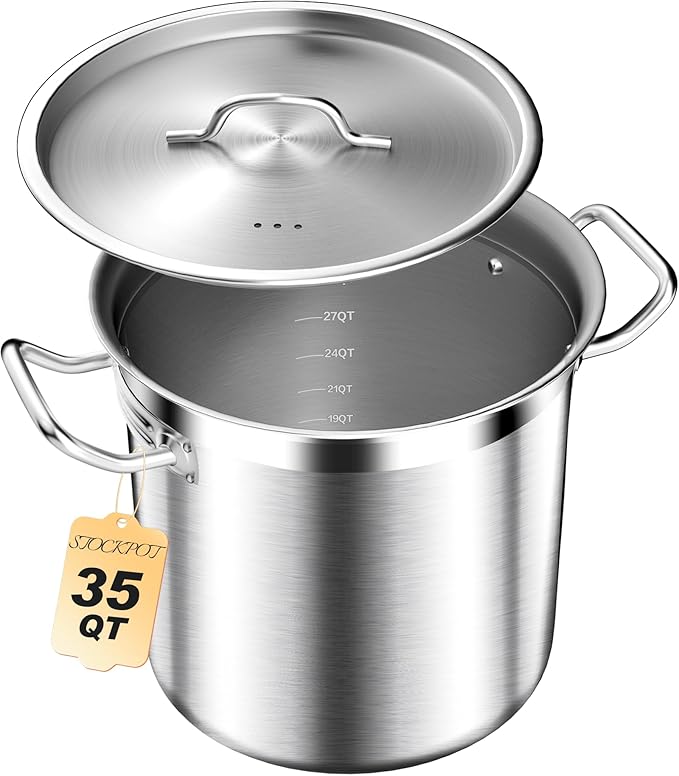 STOCKPOT Commercial Grade Large Stock Pots - Soup Pot with Lid - Non-Nickel Stainless Steel - Healthy Cookware Polished Stockpots - Heavy Duty - 35 Quart (8.8Gallon)