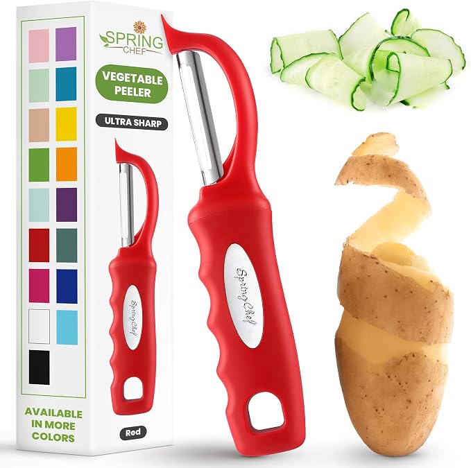 Spring Chef Swivel Vegetable Peeler for Kitchen with Soft Grip Handle, Red | Premium Potato Peeler w/ Ultra Sharp Stainless Steel Blades, Multifunctional Veggie Peeler for Apple, Carrot, Cucumber, Fruit