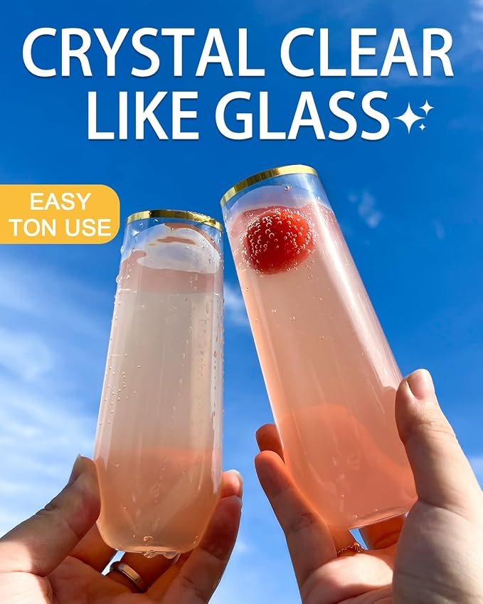 48 Pack Plastic Champagne Flutes, 9 Oz Disposable Wine Mimosa Glasses | Gold Rimmed Stemless Champagne Flutes Cocktail Glasses, Clear Plastic Cups for Bridal Shower Bachelorette Party Mimosa Bar