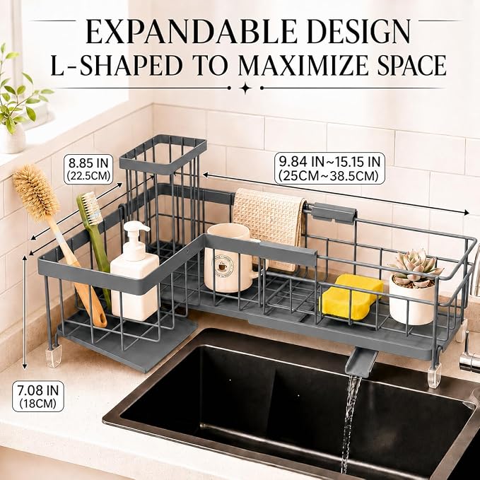 Extendable Corner Sink Sponge Holder, Quick-Drain Caddy for Kitchen Sink, Grey