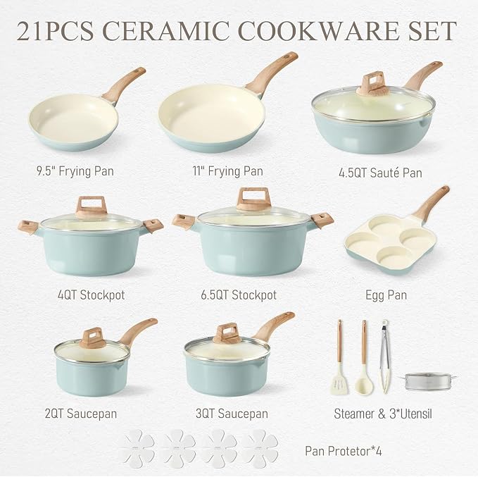 CAROTE 21pcs Ceramic Cookware Sets, Pots and Pans Set Blue | Non-Toxic, Healthy Kitchen set, Induction Compatible, Easy Clean, Even Heating, PFAS FREE