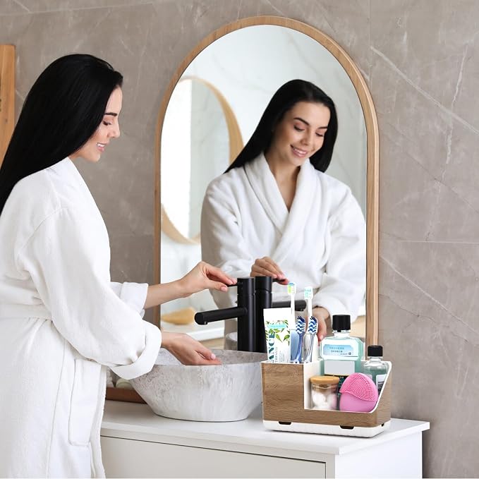 Toothbrush Holders for Bathrooms Countertop Organizer (Wood Grain) | Easy To Clean, Drainage, Non-Slip, Detachable, Kids Electric Toothbrush and Toothpaste Holder