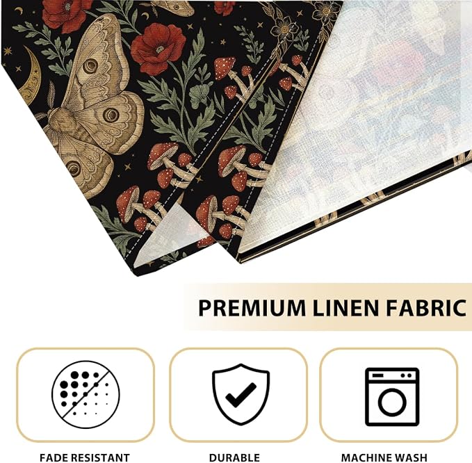 Black Poppy Moth Moon Placemats Set of 4, Floral Spring Table Mats | Outdoor Home Party Kitchen Dining Decor, Washable Non-Slip Heat Resistant Place Mats, Gothic Gifts for Women Mom Friend