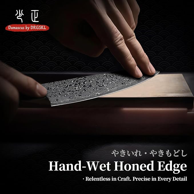 DRGSKL Damascus Kitchen Utility Knife - Japanese VG10 Chef Knife 6 inch | Japanese VG10 Core, Black Anti-corrosion Coating, Damascus Blade, G10 Handle, Gift Box, Wet Edge Grinding Technology