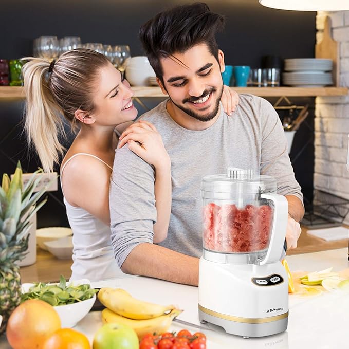 La Reveuse 2 Cup Mini Food Processor, Electric Chopper Small, White | for Mincing, Chopping, Grinding, Blending, Puree, 2 Pulse Speeds, Dishwasher Safe, (1) Spatula Included, 200 Watts, LARB1814W
