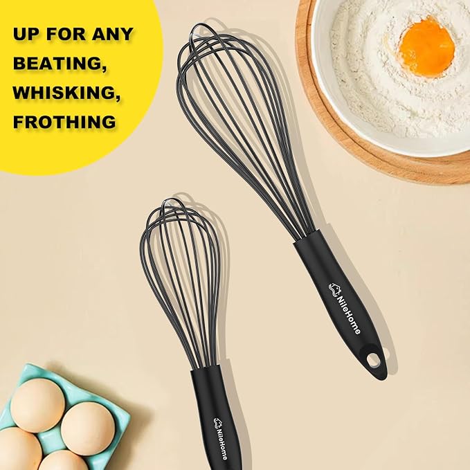NileHome Silicone Whisk Set 8" 10" Kitchen Whisk Kitchen Wisk Wire Whisks for Cooking, Whisking, Blending, Beating, Stirring-Black
