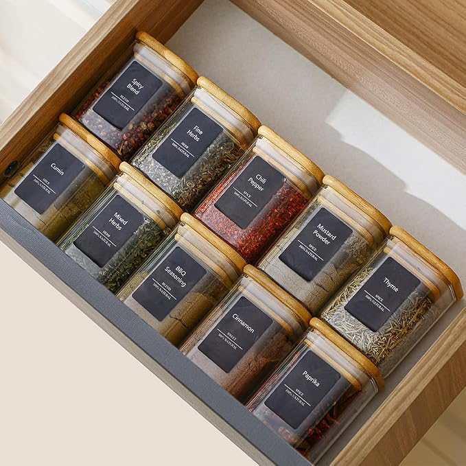 Kitchen Glass Spice Jars 10 Pcs 7 Oz with 275 Labels | Seasoning Empty Containers with Bamboo Lids