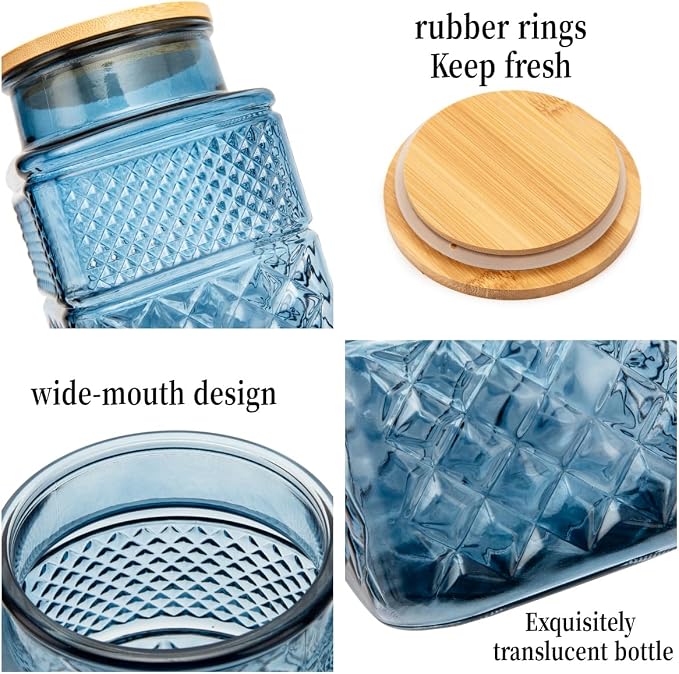 60 FL oz/0.5 Gal Glass Jar with Vintage Pattern and Airtight Lid,Set of 2 | Kitchen Pantry Thick Glass Container for Flour Sugar Cookie Coffee Laundry Pods, Wide Mouth Opening and Airtight Bamboo lid