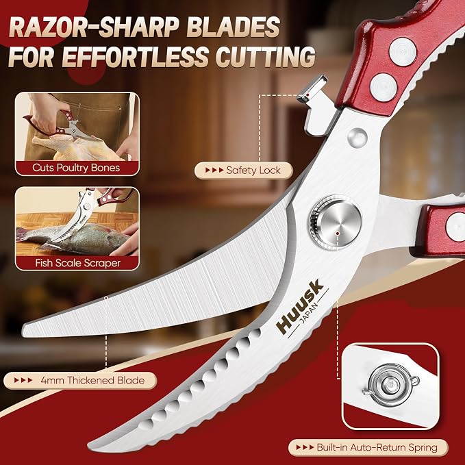 Huusk Poultry Shears Heavy Duty – All Purpose Japanese Kitchen Scissors | SK5 Steel Kitchen Shears for Meat, Fish, Vegetables, Chicken Bones, Turkey, Ergonomic Non-Slip Red Handle, Gifts for Women