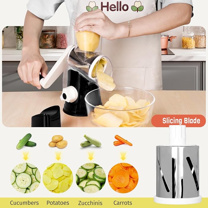 X Home Rotary Cheese Grater for Kitchen, Shredder with 3 Interchangeable Blades, Rotary Grater with Handle and Strong Suction Base, for Vegetables, Fruit, Nuts, Easy to Use and Clean, Black