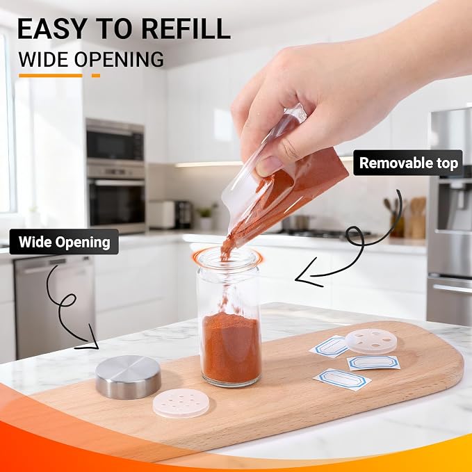 Segarty 3oz Spices Jars with Stainless Steel Lids, 6 PCS 90ml Empty Round Spice Containers, Clear Glass Seasoning Organizers for Spices Storage, Small Salt and Pepper Shaker with 7 Stickers, 1 Brush