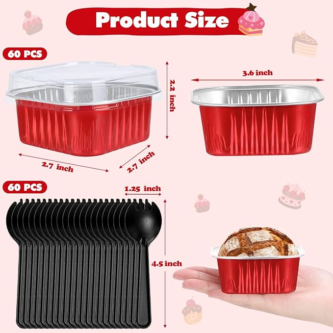 selizo 60 Pack 5oz Mini Disposable Cake Pans with Lids, Aluminum Foil Square Baking Cups, 3.5x3.5 Small Baking Cake Tins Cup Cake Containers with Lids for Individual Cakes