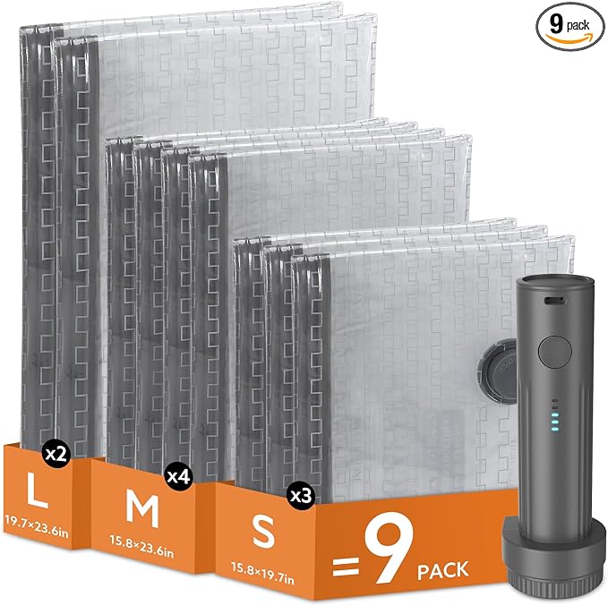 Travel Vacuum Bags with Wireless Recharging Pump | 9 Pack Vacuum Seal Bags with 3 Sizes for Clothing Travel, Space Saver for Luggage, Business Trip, Home Storage