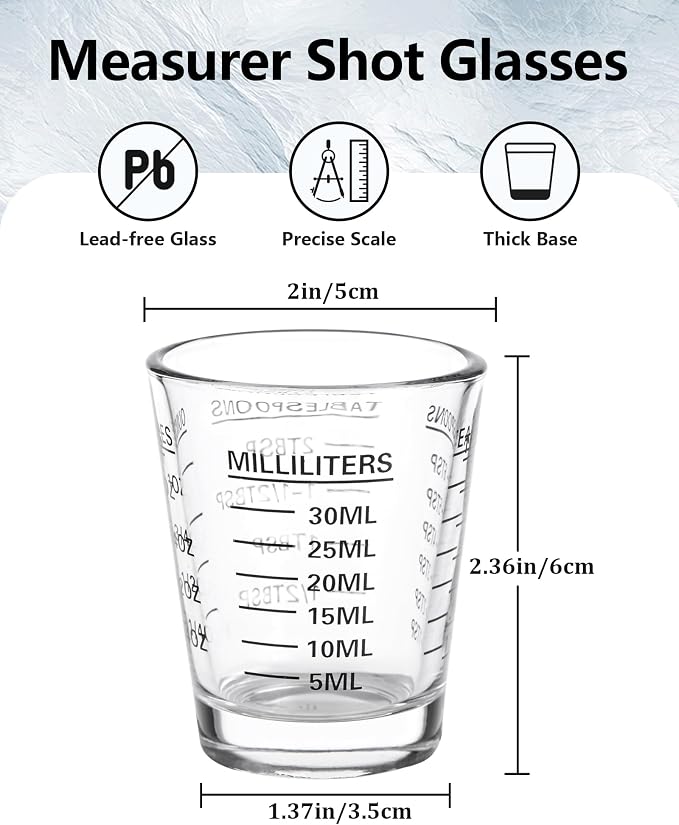 SAIAOKJ Shot Glass Measuring Cup Set, 2 Pack Espresso Shot Glasses (Black) | Glass measuring cups feature 26 markings up to 1 OZ, 2 TBS, 6 TSP, 30 ML for espresso, liquor, medicine and recipes