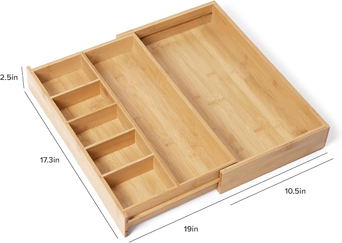Utensil & Junk Drawer Organizer, 10.5-19 in, Bamboo | Food-safe contract grade, 100% sustainable wood, non-slip, adjustable